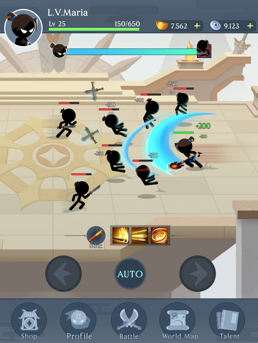 Idle Stickman游戏截图，展示武林高手攻击大量敌人的场景