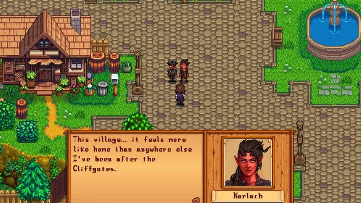 Karlach character in Stardew Valley art style