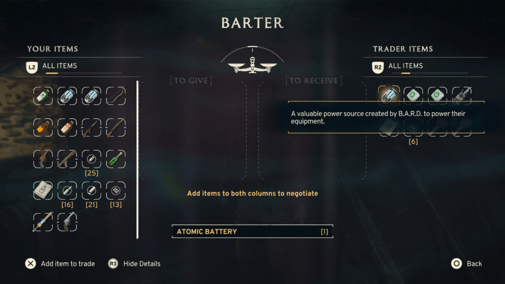 Bartering interface in Atomfall