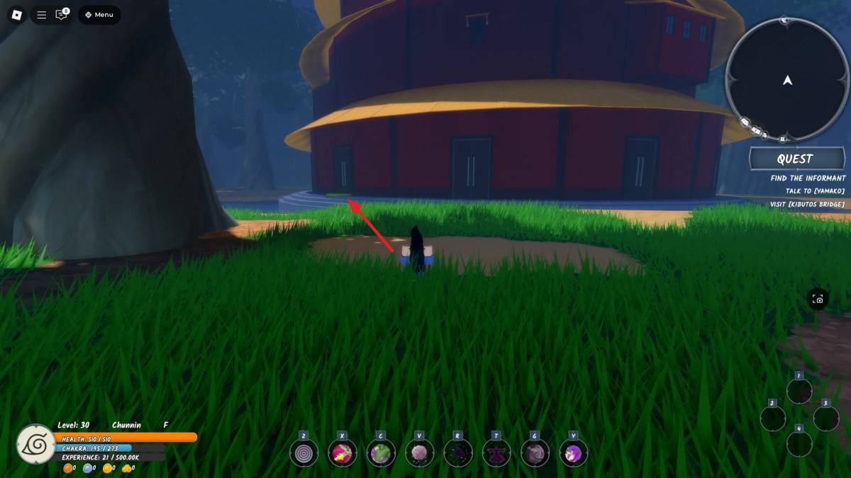 Ubicación de la entrada a la torre cuarenta y cuarenta, una ubicación clave en el examen de Chunin, en la experiencia de Ninja Time Roblox