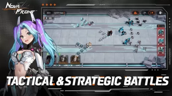 RTS 지도에서 유닛들이 싸우는 스크린샷 위에 겹쳐진 미래형 갑옷을 입고 다색 머리를 한 소녀의 사진