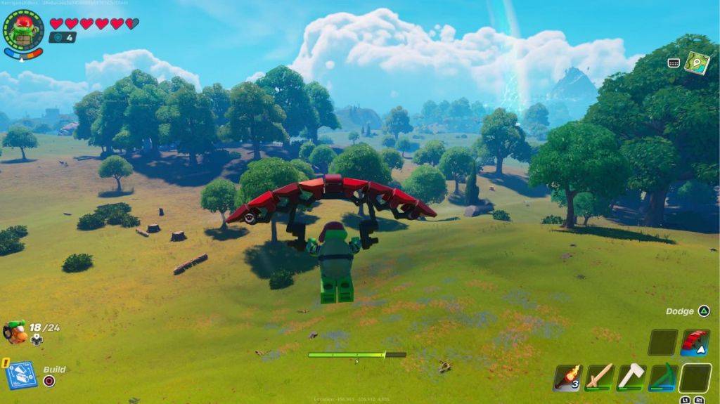 LEGO Fortnite-এ গ্লাইডার দিয়ে উড়ছে।
