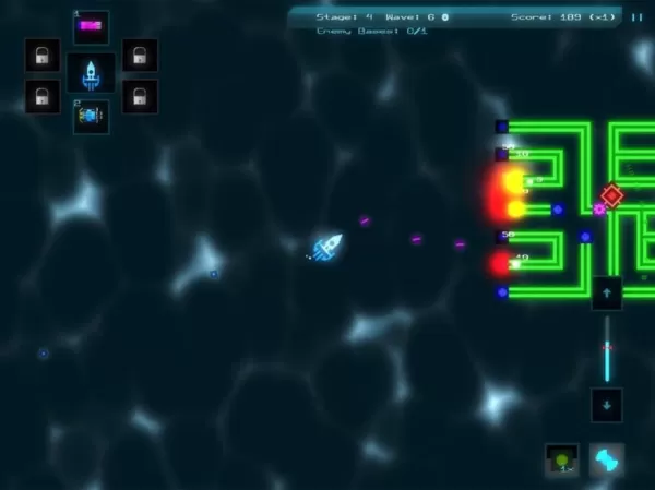 Een screenshot van buitenaardse kern in actie met een gloeiend schip dat een reeks groene pijpen schiet