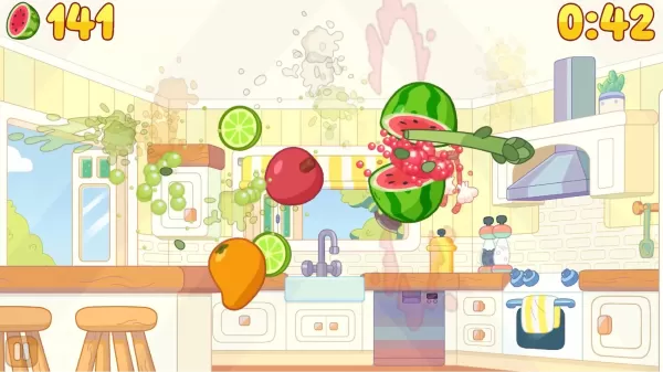 Colorful fruits being playfully sliced in a kitchen setting